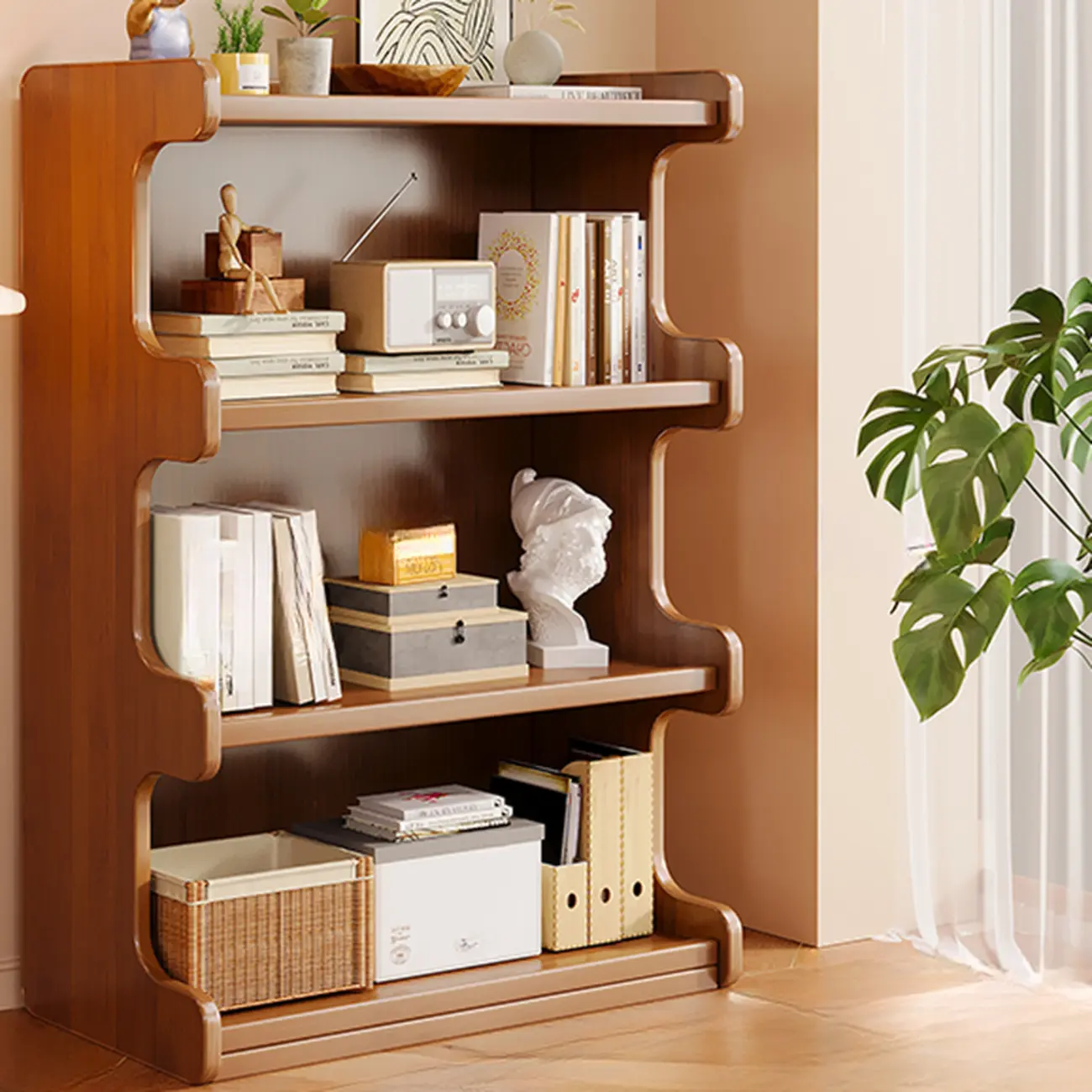 Modern Ladder Brown Wood Bookcase for Office Storage Image - 8 | homeyfad