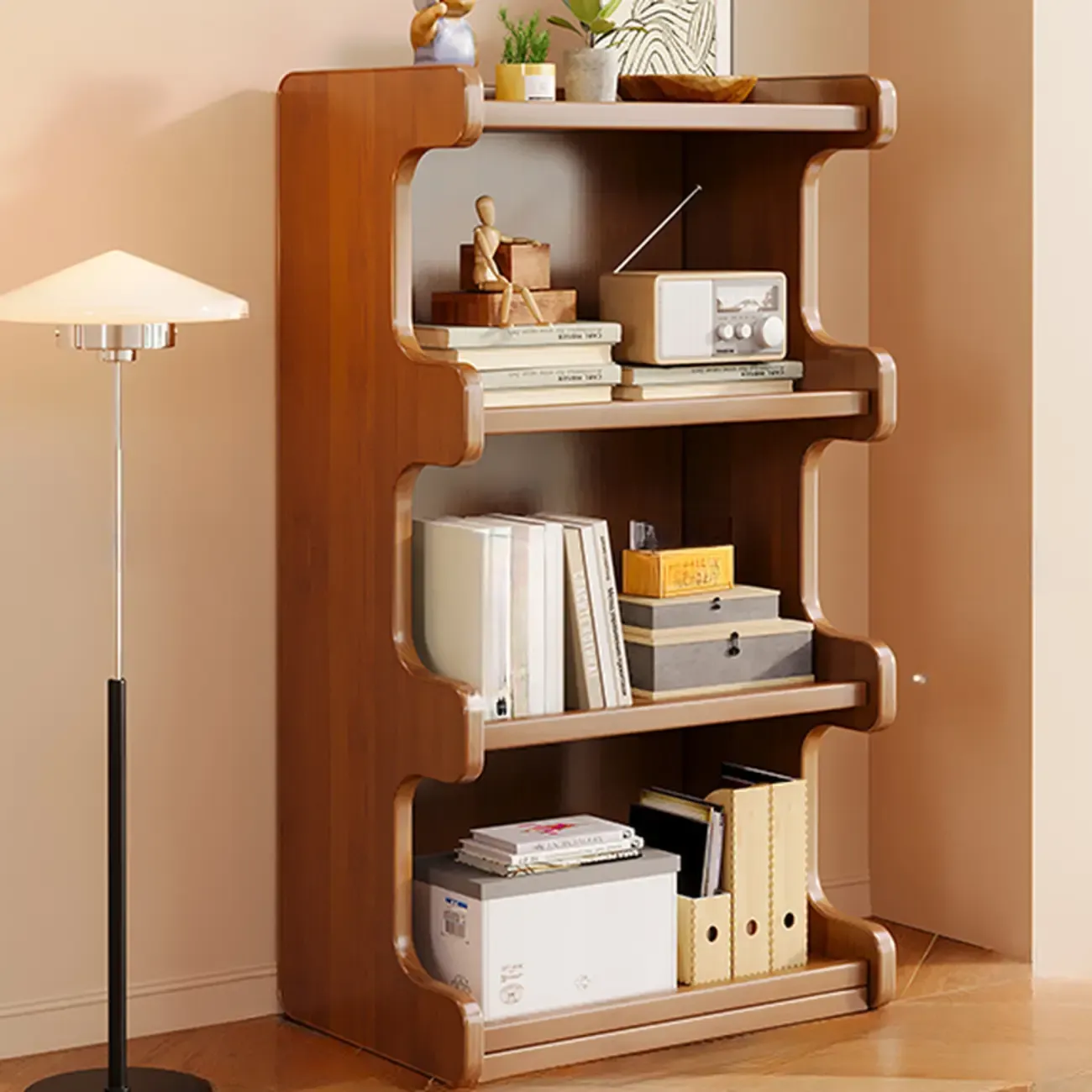 Modern Ladder Brown Wood Bookcase for Office Storage Image - 10