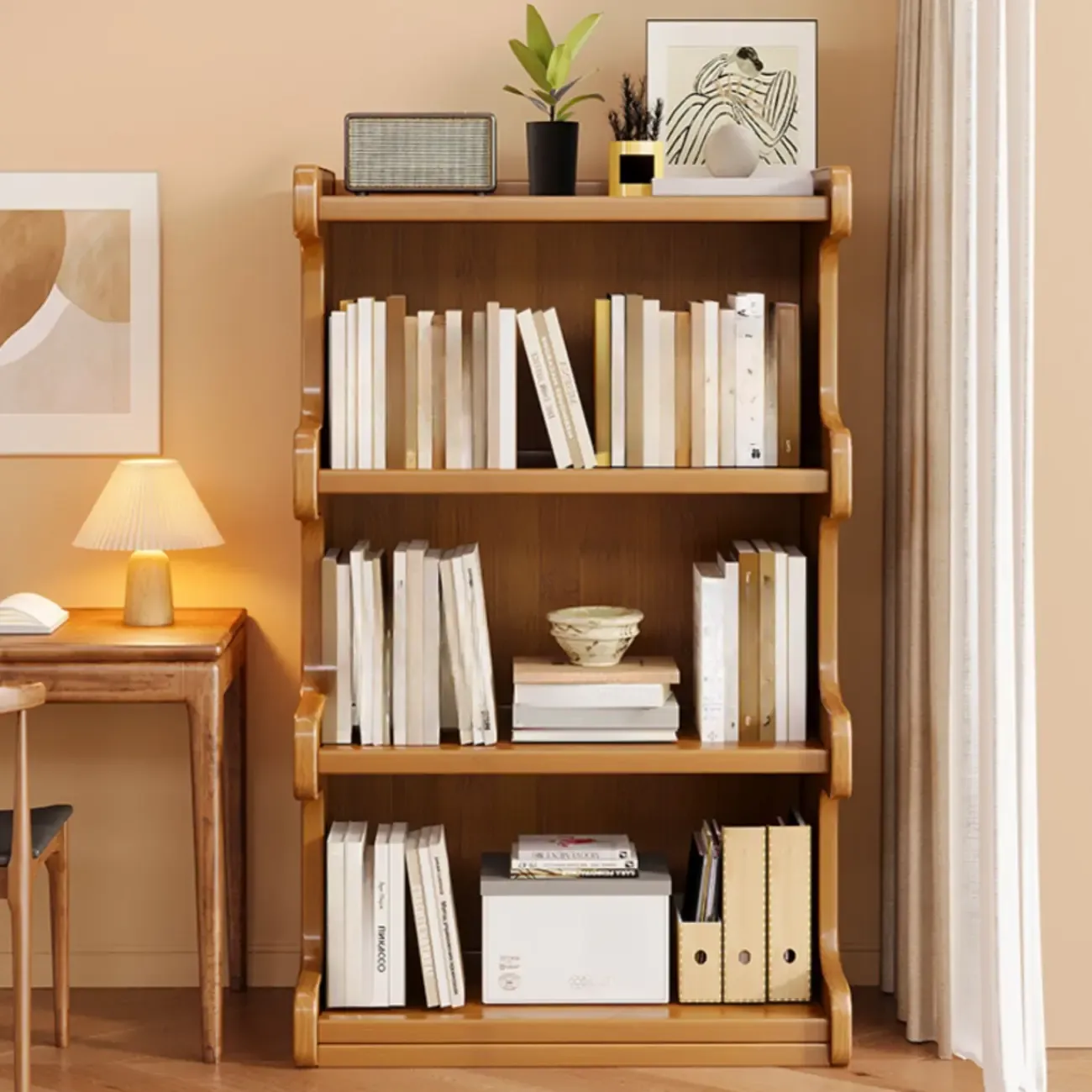 Modern Ladder Brown Wood Bookcase for Office Storage Image - 2