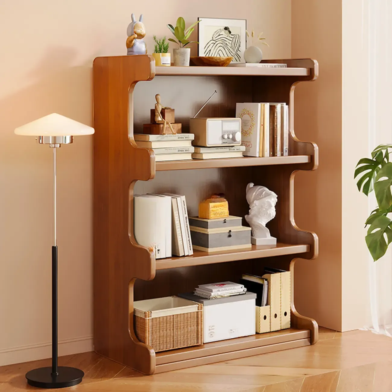 Modern Ladder Brown Wood Bookcase for Office Storage Image - 6