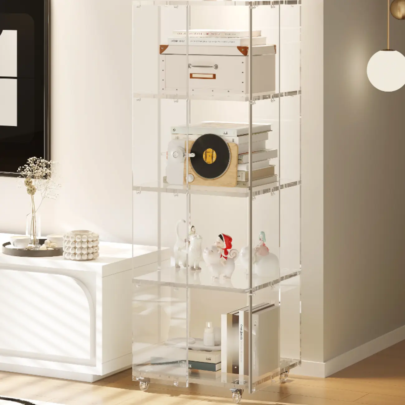 Modern Clear Lucite Open Back Etagere Bookcase with Wheels Image - 1 | homeyfad