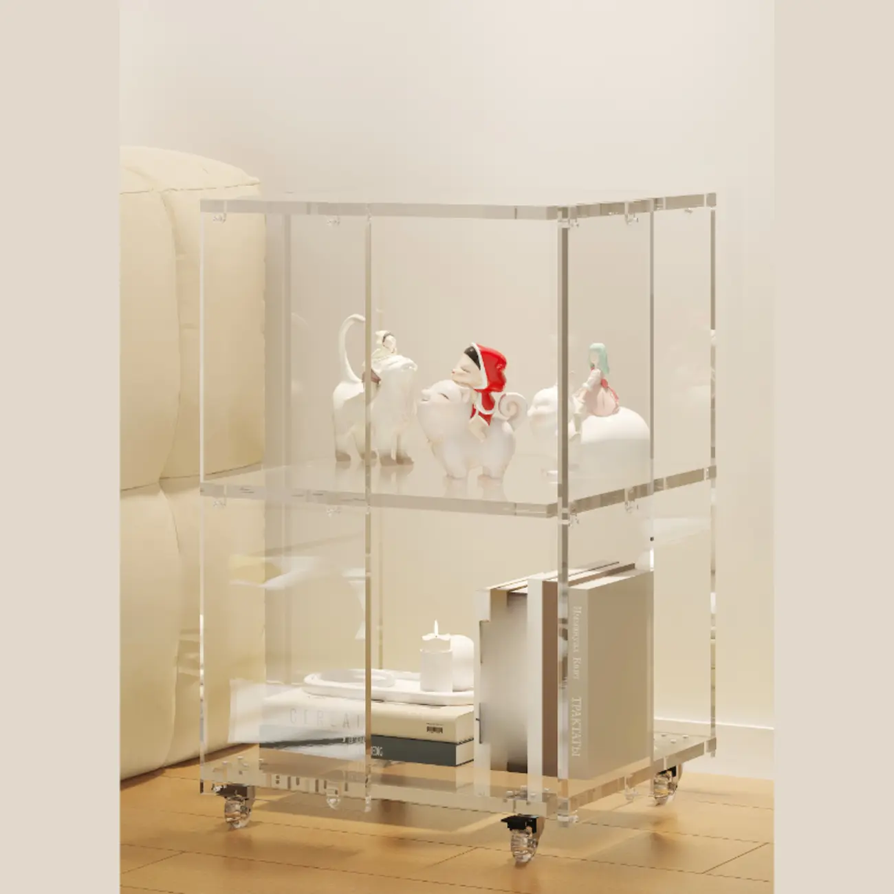 Modern Clear Lucite Open Back Etagere Bookcase with Wheels Image - 2 | homeyfad