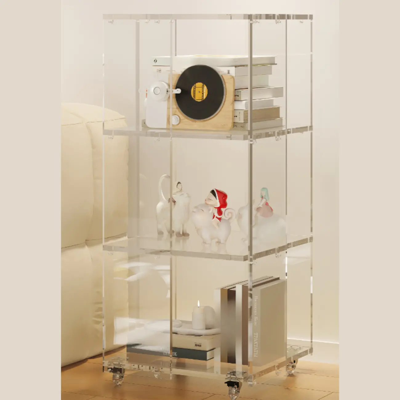Modern Clear Lucite Open Back Etagere Bookcase with Wheels Image - 3 | homeyfad