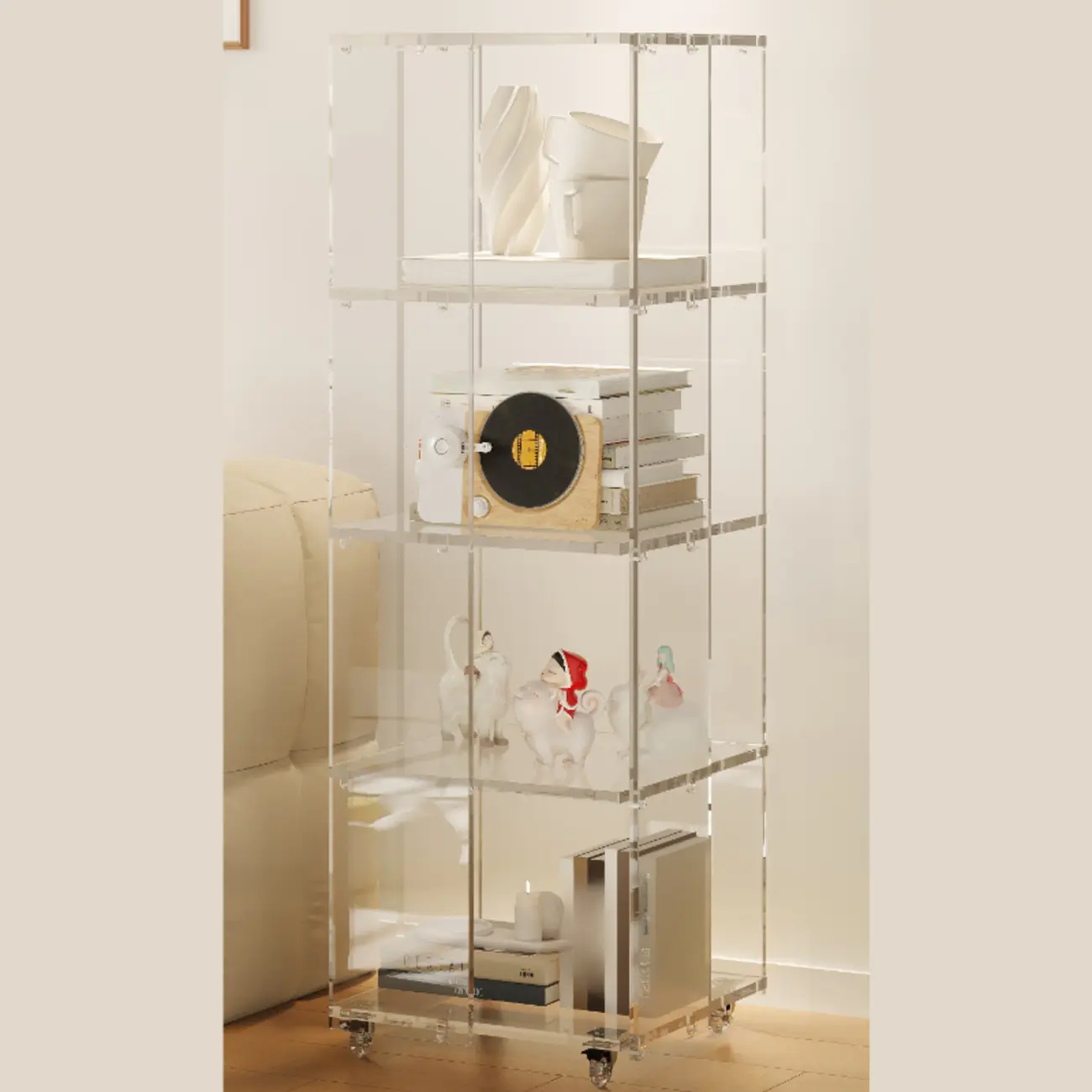 Modern Clear Lucite Open Back Etagere Bookcase with Wheels Image - 5 | homeyfad