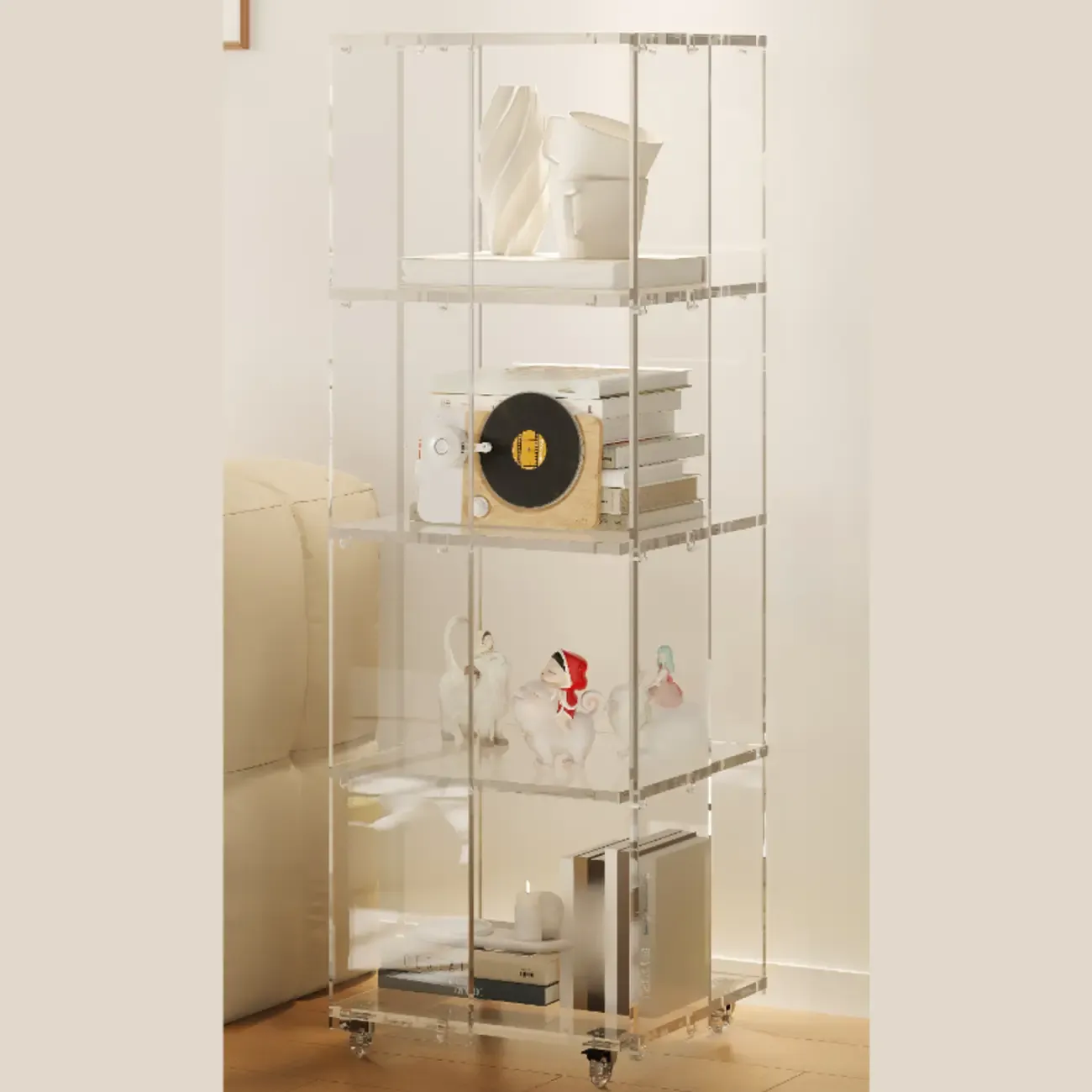 Modern Clear Lucite Open Back Etagere Bookcase with Wheels Image - 5
