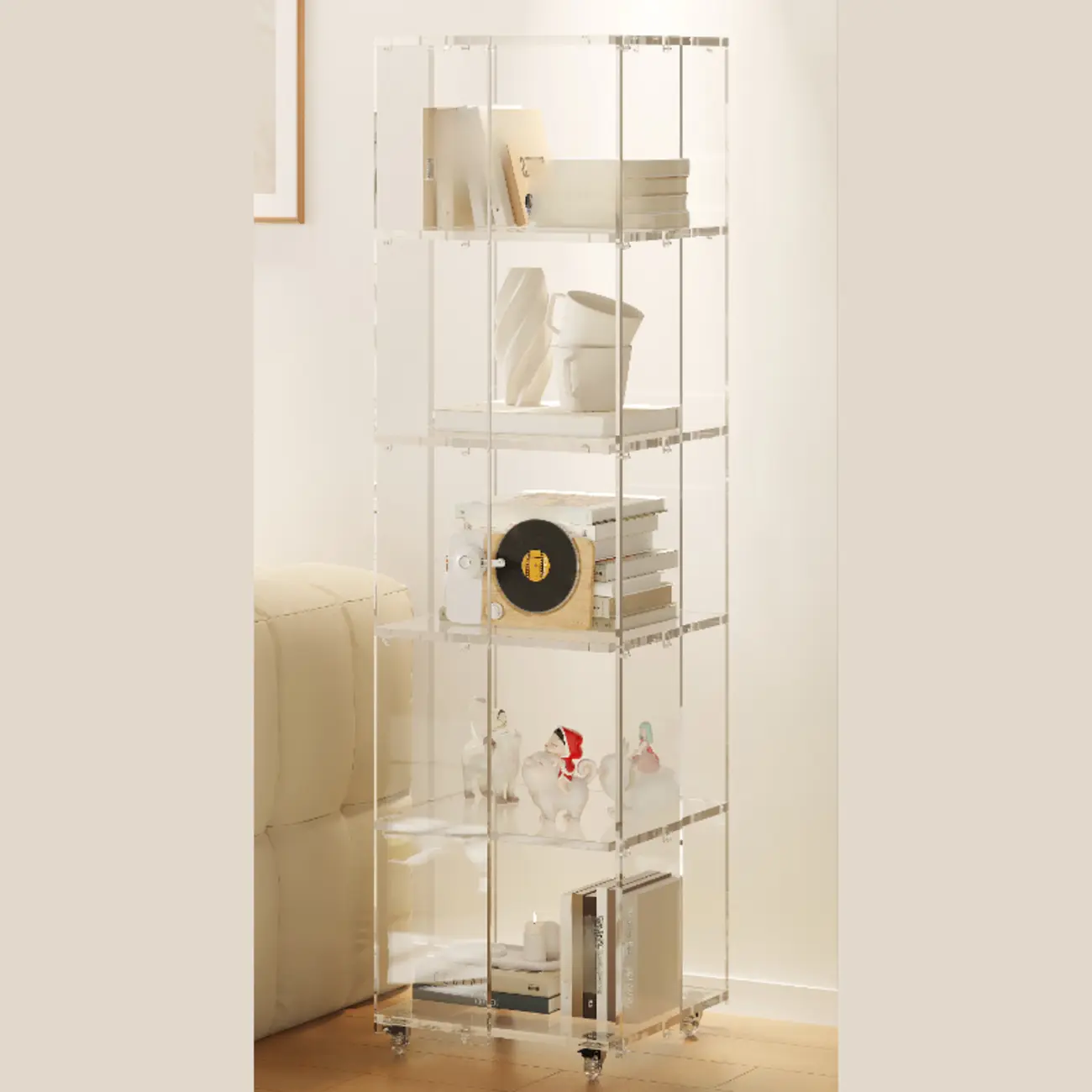 Modern Clear Lucite Open Back Etagere Bookcase with Wheels Image - 7 | homeyfad