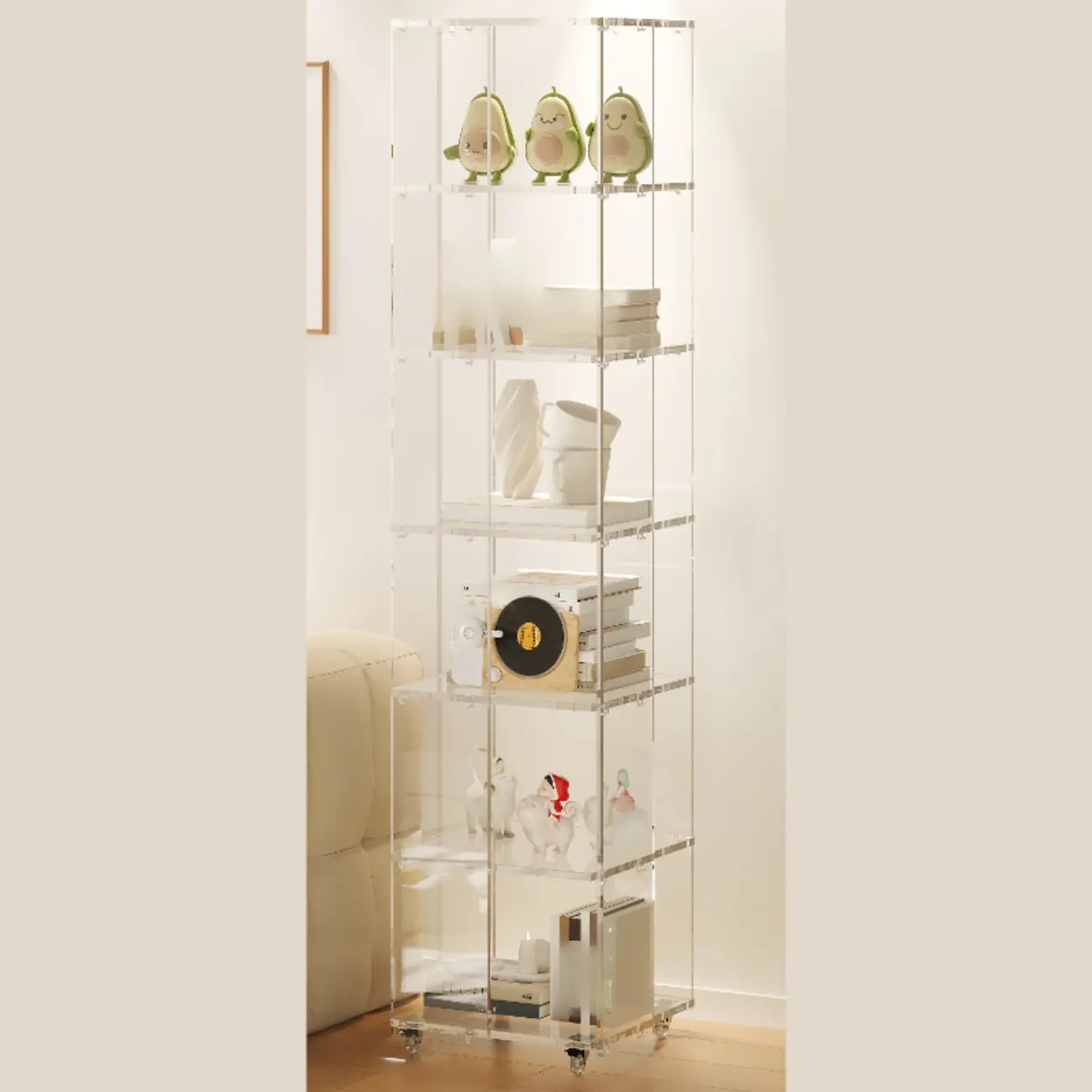 Modern Clear Lucite Vertical Etagere Rolling Bookshelf | homeyfad