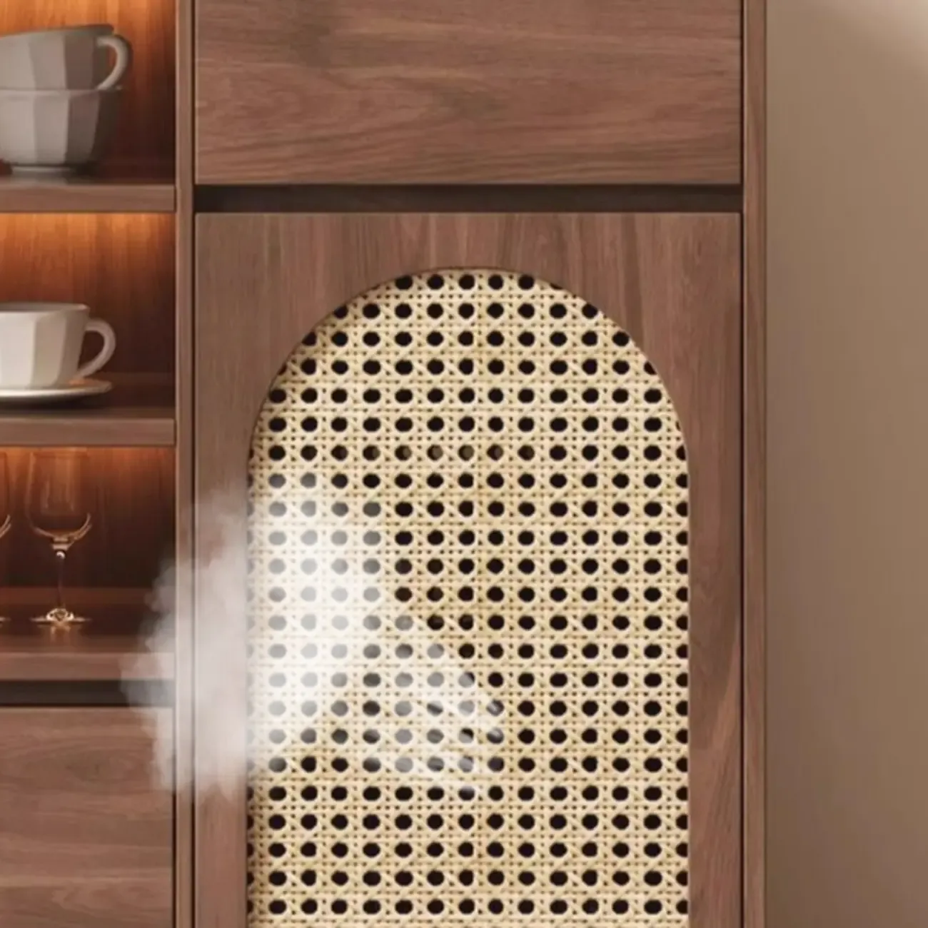 Medium Wood Rattan Kitchen Storage Cabinet in Natural Finish Image - 8