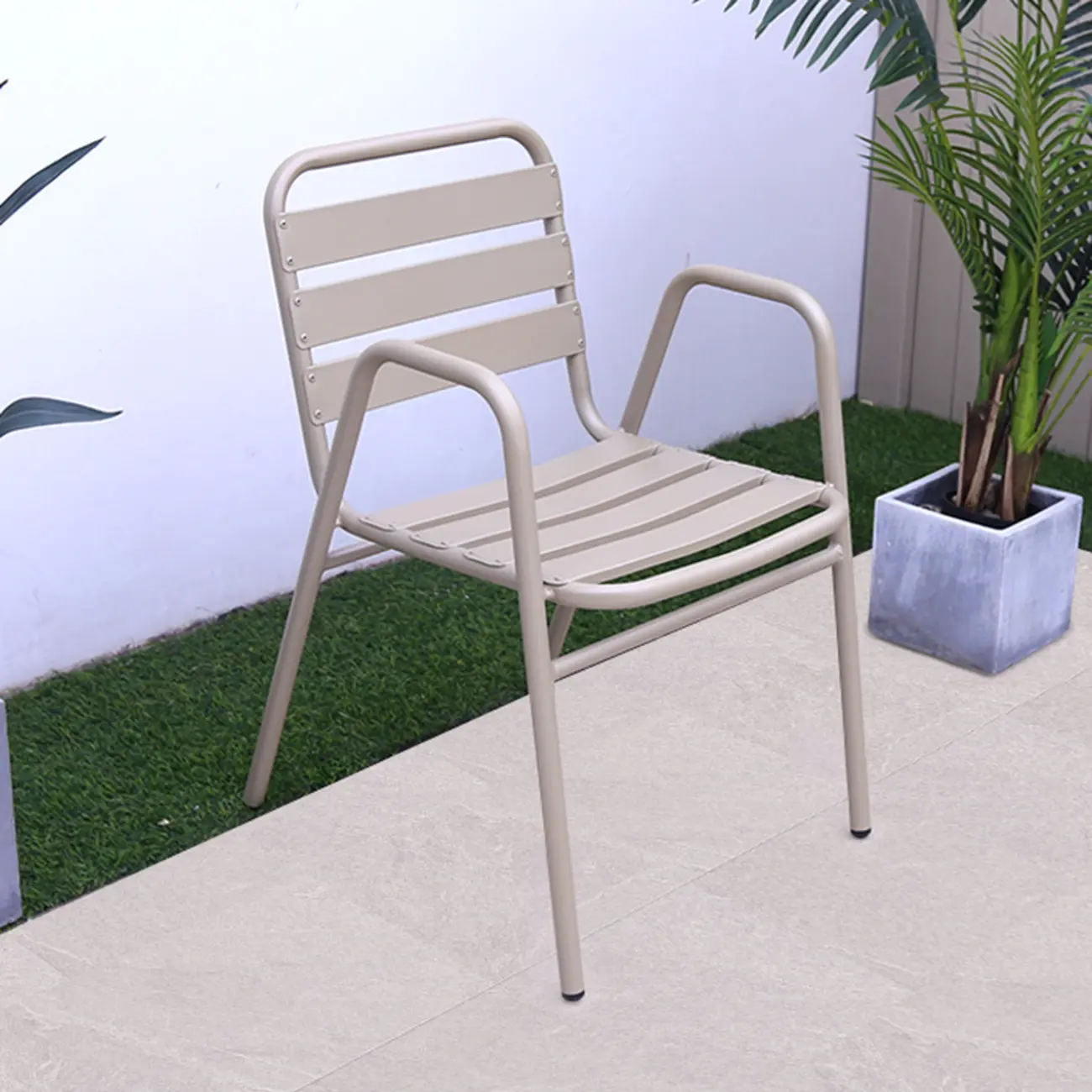 Modern Gray Metal Outdoor Dining Chairs with Arms Image - 2 | homeyfad