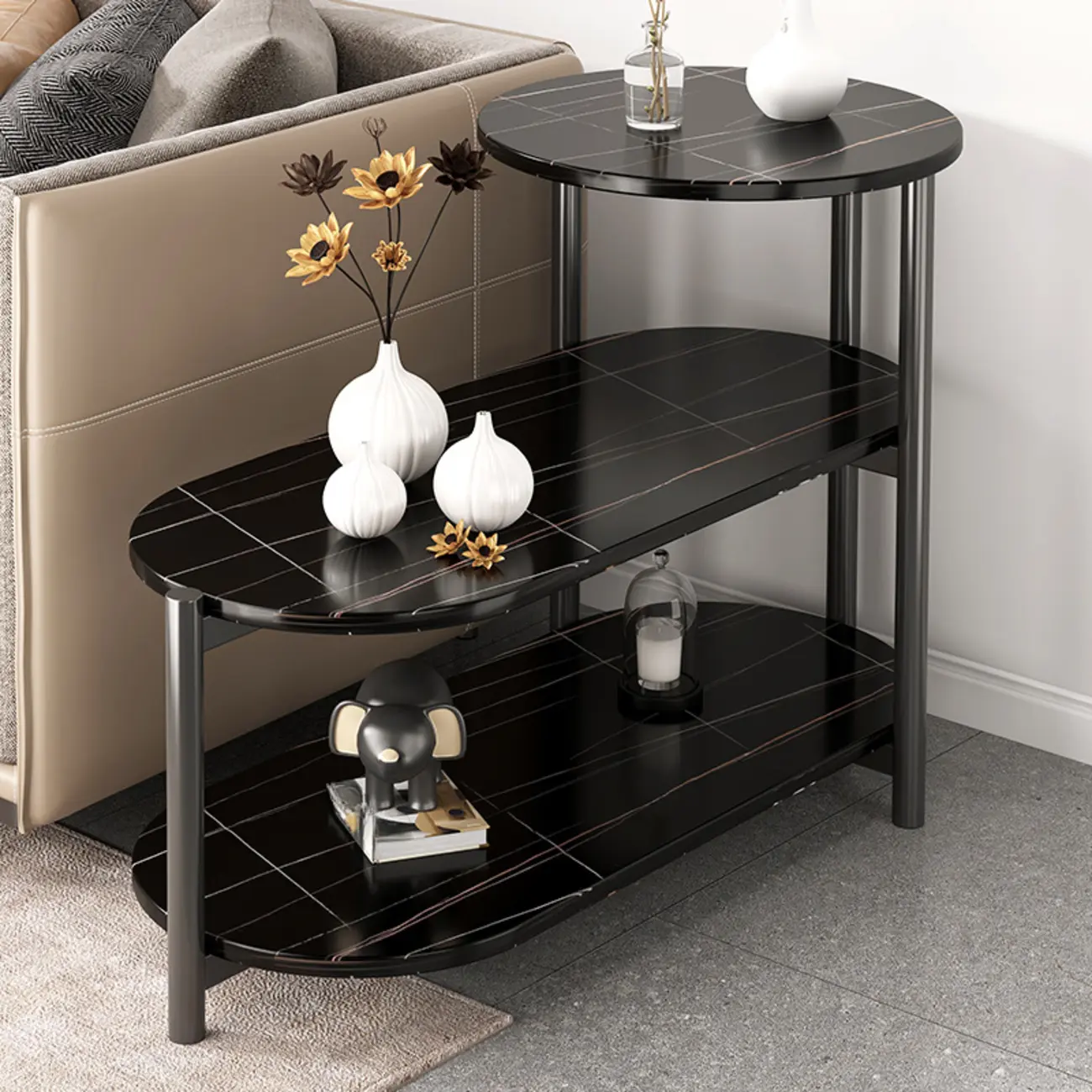 Black Oval 3-Tier Wood Storage Side Table with Metal Legs Image - 1 | homeyfad