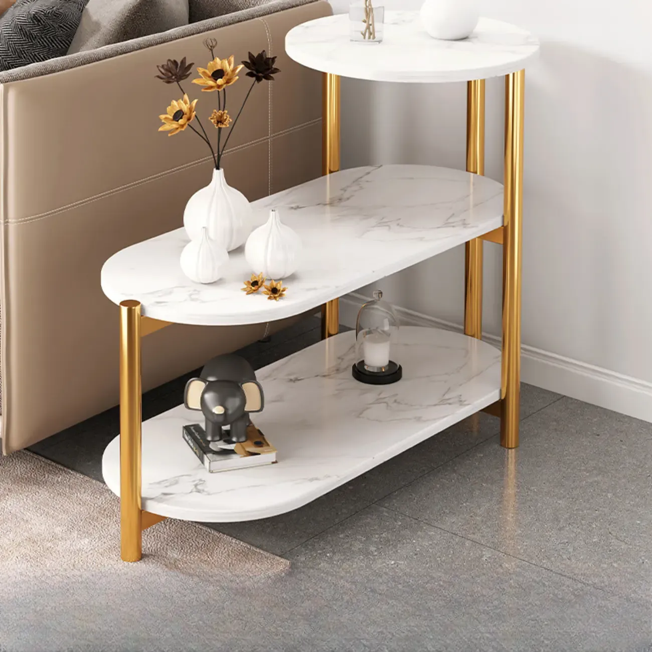 Black Oval 3-Tier Wood Storage Side Table with Metal Legs | HomeyFad