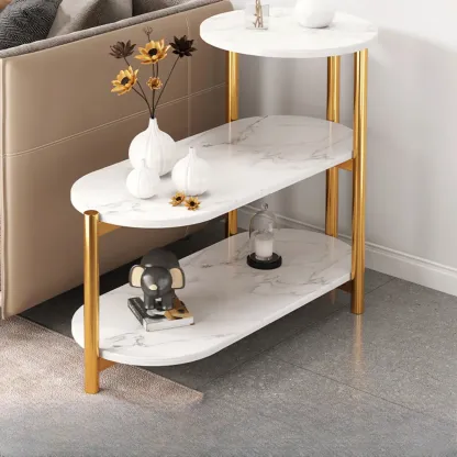 Black Oval 3-Tier Wood Storage Side Table with Metal Legs Image - 2