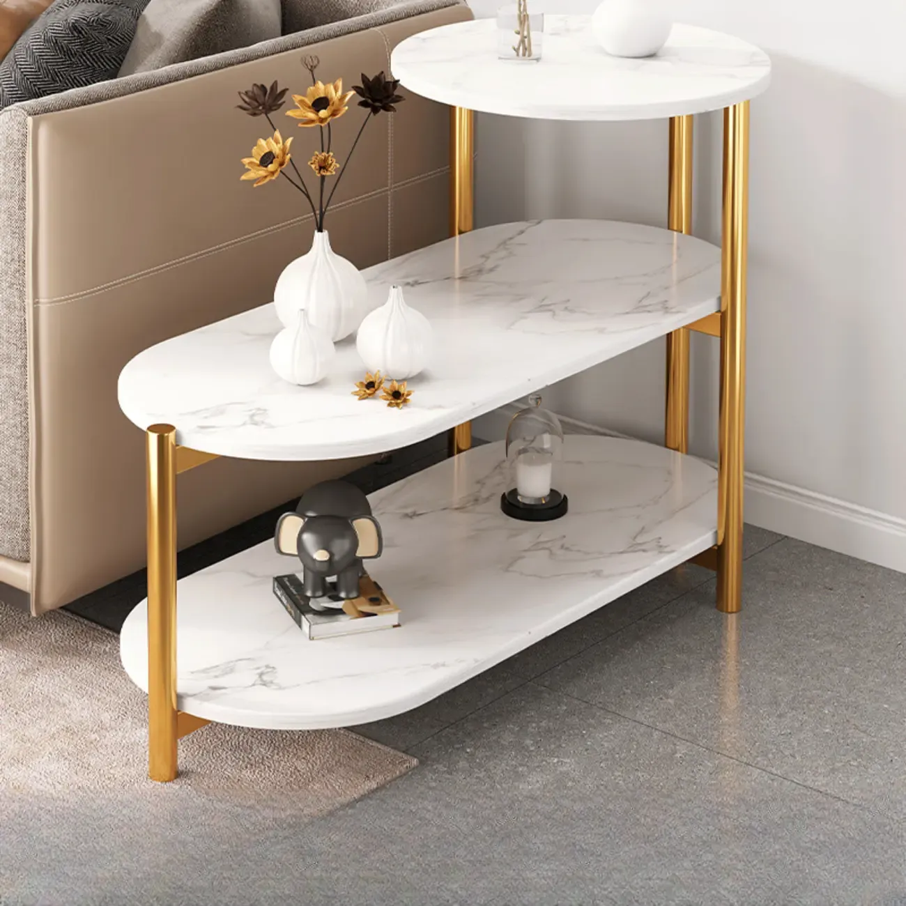 Black Oval 3-Tier Wood Storage Side Table with Metal Legs Image - 5