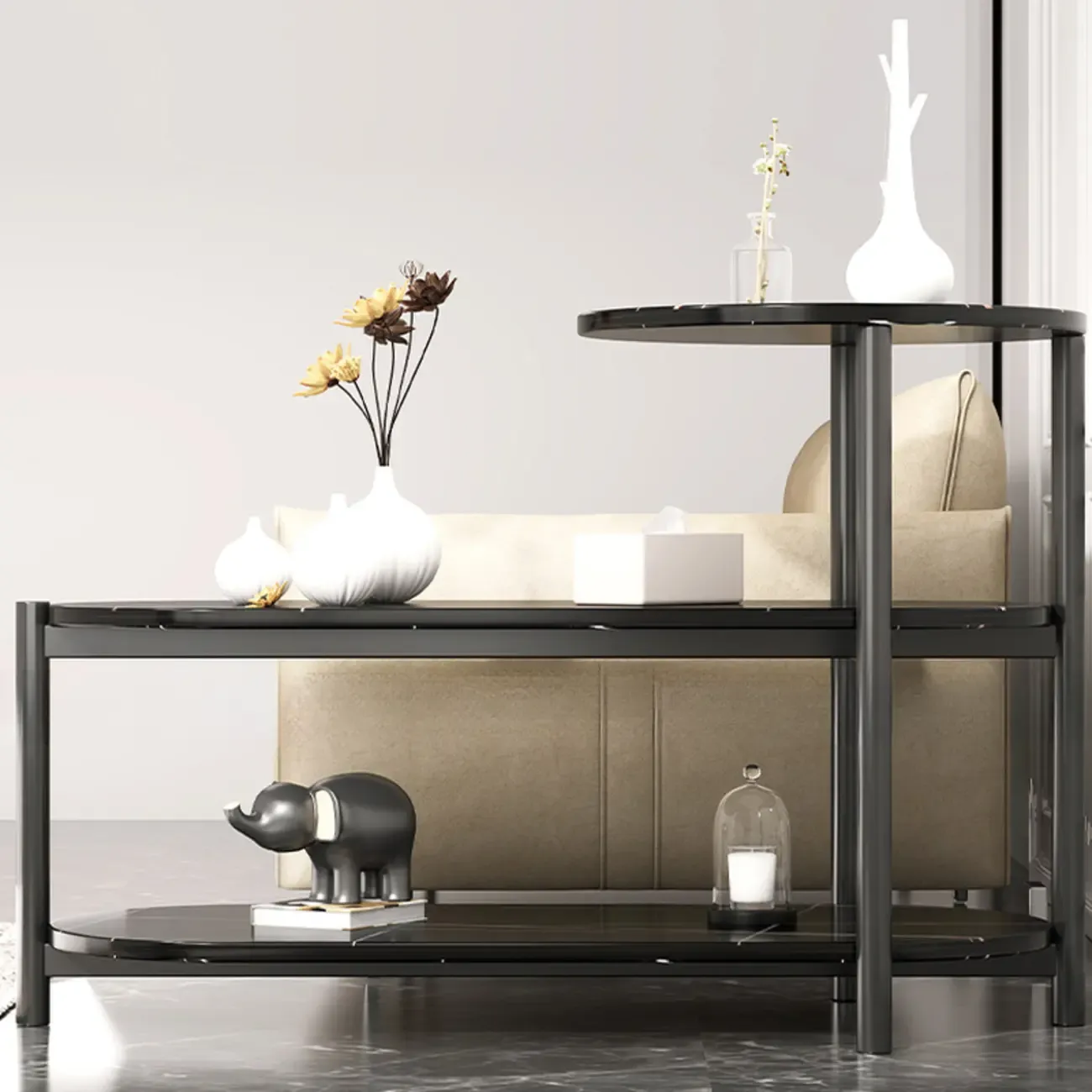 Black Oval 3-Tier Wood Storage Side Table with Metal Legs Image - 6