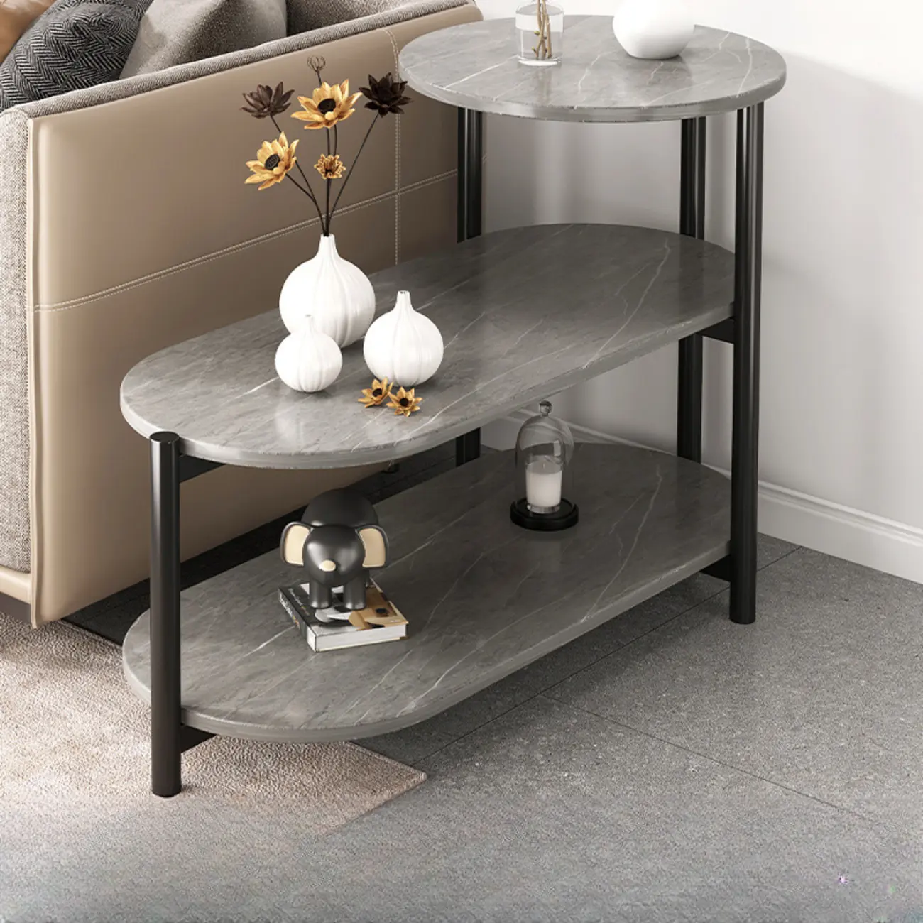 Black Oval 3-Tier Wood Storage Side Table with Metal Legs Image - 7 | homeyfad