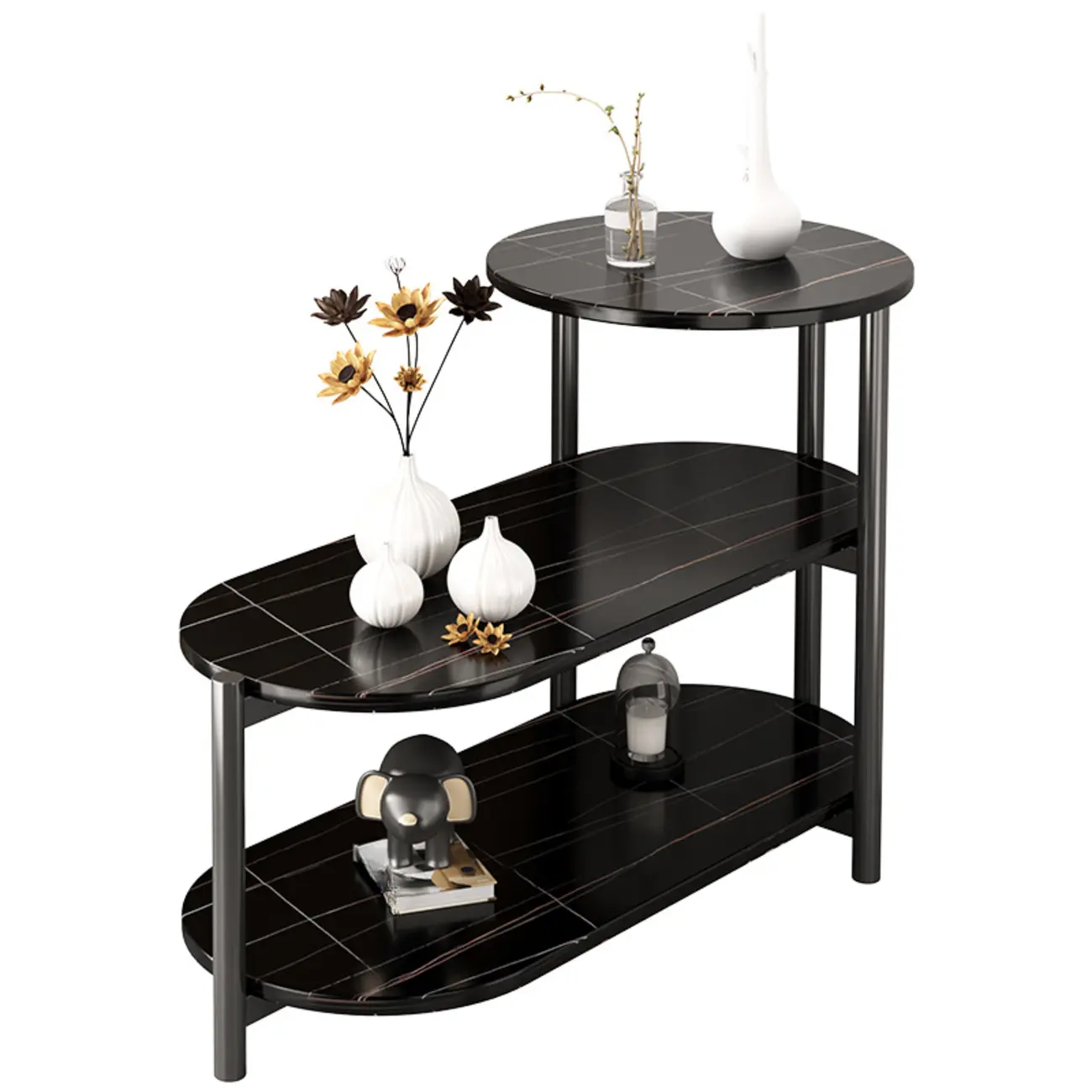 Black Oval 3-Tier Wood Storage Side Table with Metal Legs Image - 9 | homeyfad