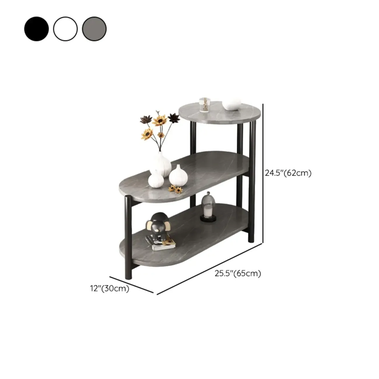 Black Oval 3-Tier Wood Storage Side Table with Metal Legs #size