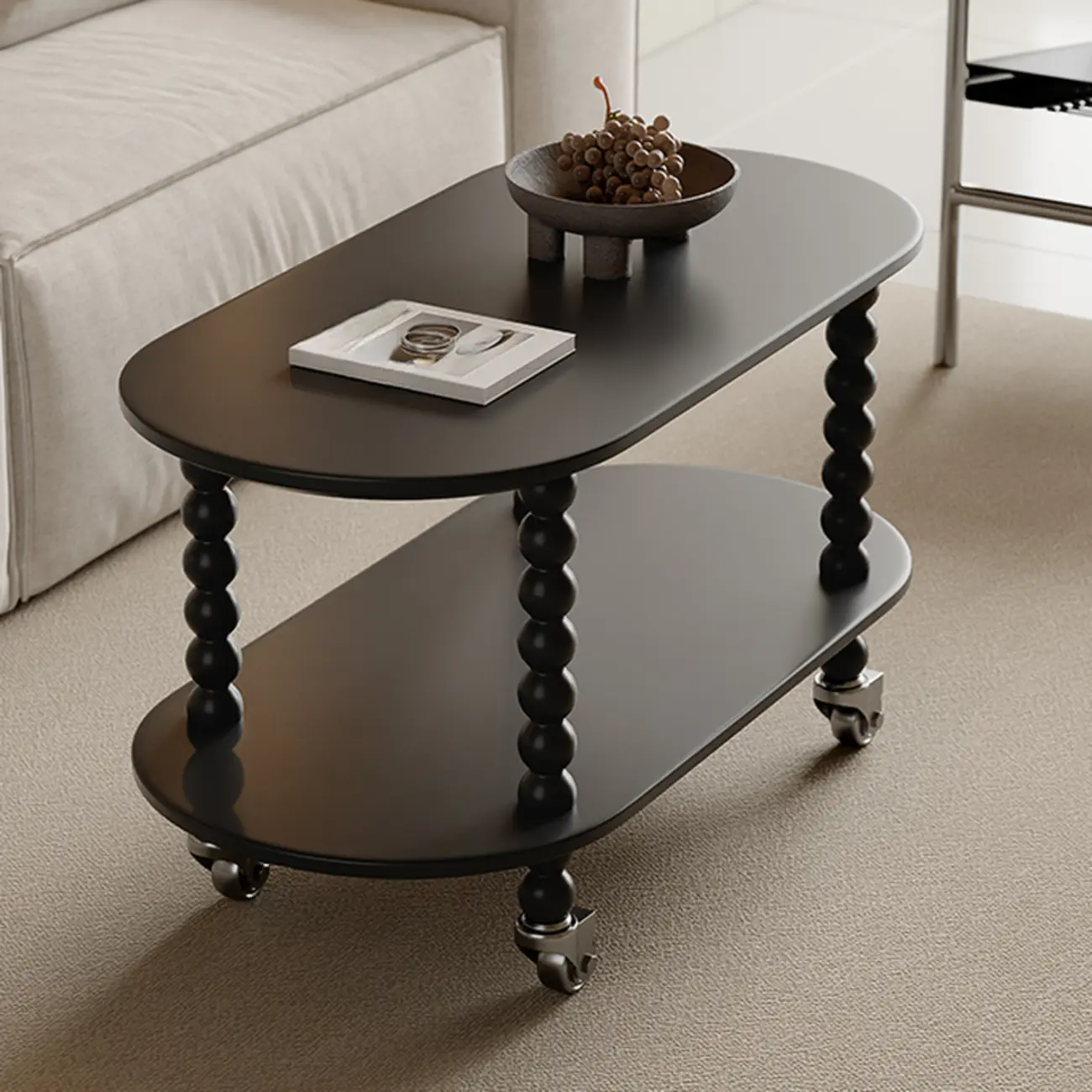 Black Oval Wooen 2-Tier Storage Rolling Side Table Image - 1 | homeyfad