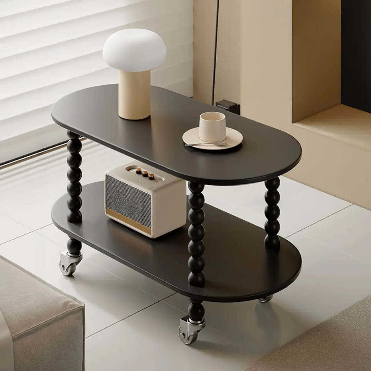 Black Oval Wooen 2-Tier Storage Rolling Side Table Image - 2