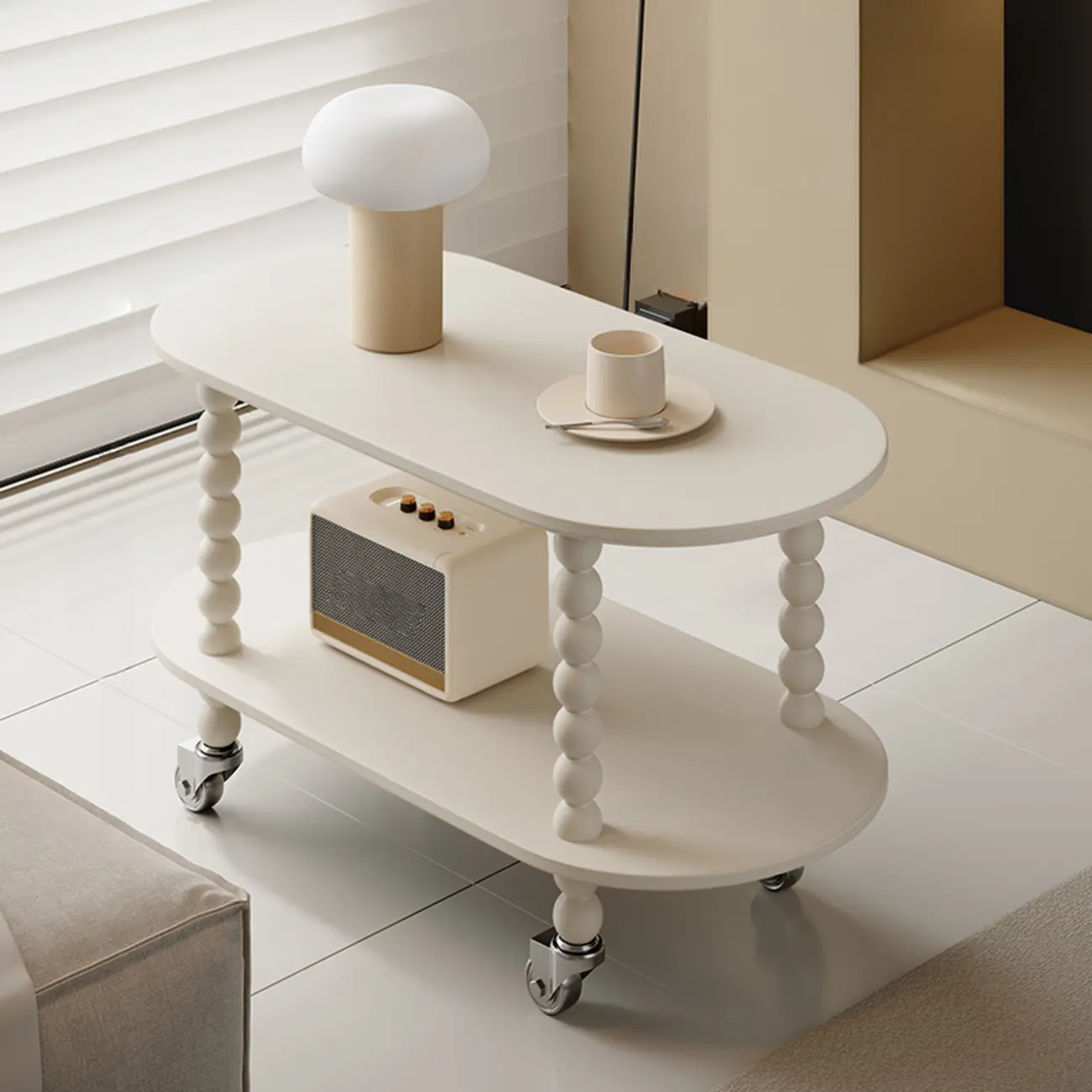 Black Oval Wooen 2-Tier Storage Rolling Side Table Image - 3 | homeyfad