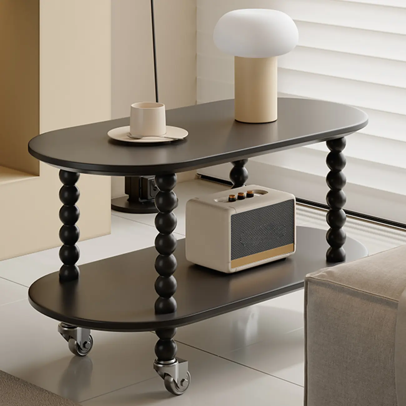 Black Oval Wooen 2-Tier Storage Rolling Side Table Image - 4 | homeyfad