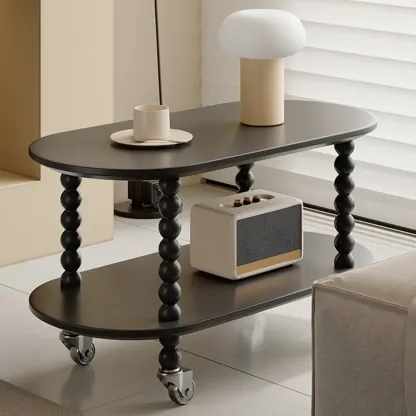 Black Oval Wooen 2-Tier Storage Rolling Side Table Image - 4