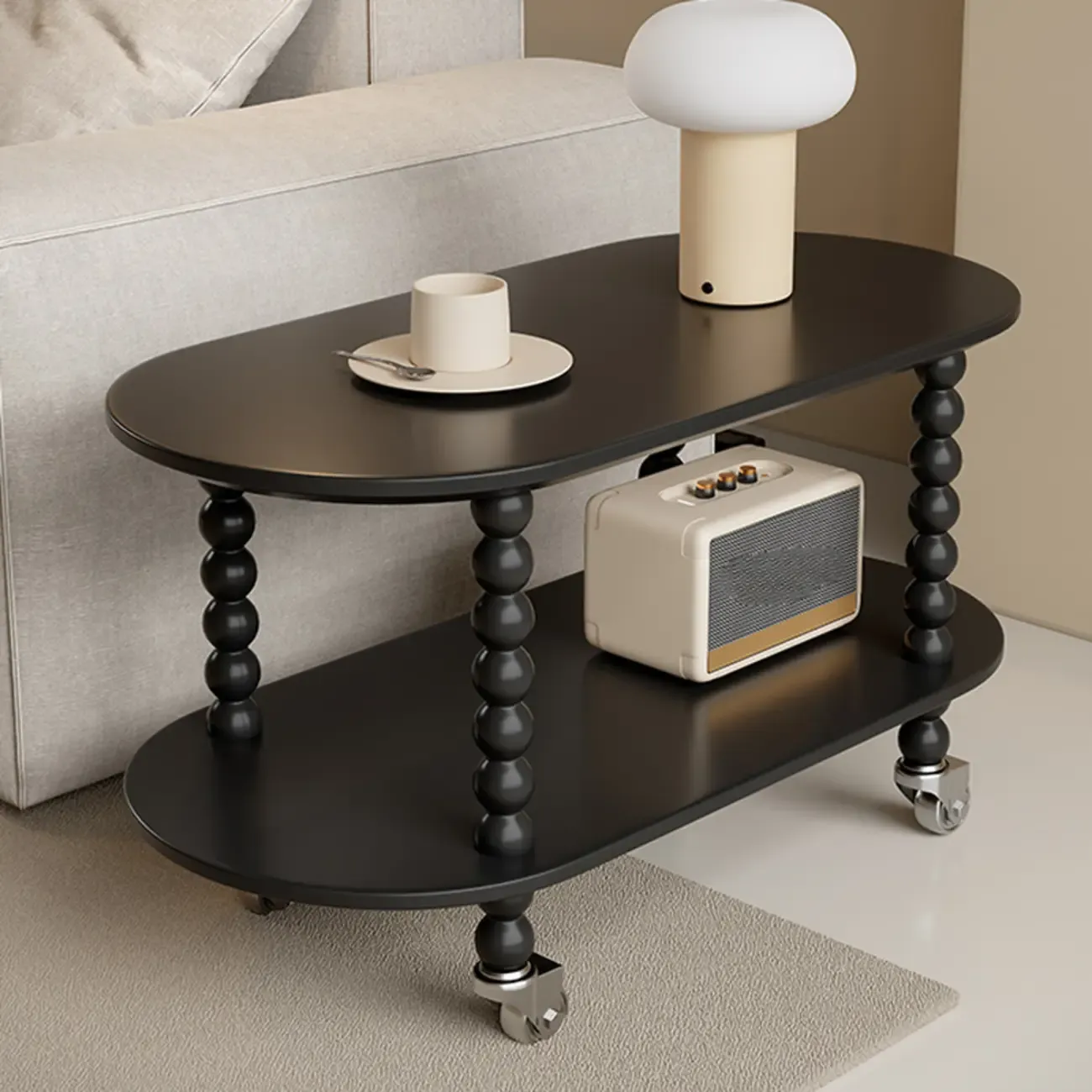 Black Oval Wooen 2-Tier Storage Rolling Side Table Image - 5