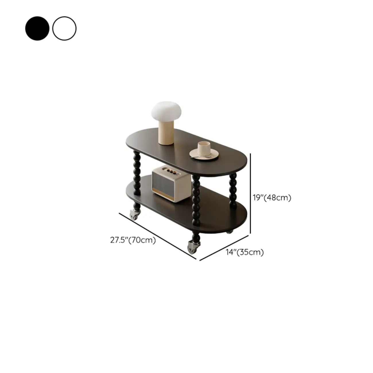 Black Oval Wooen 2-Tier Storage Rolling Side Table Image - 12 | homeyfad