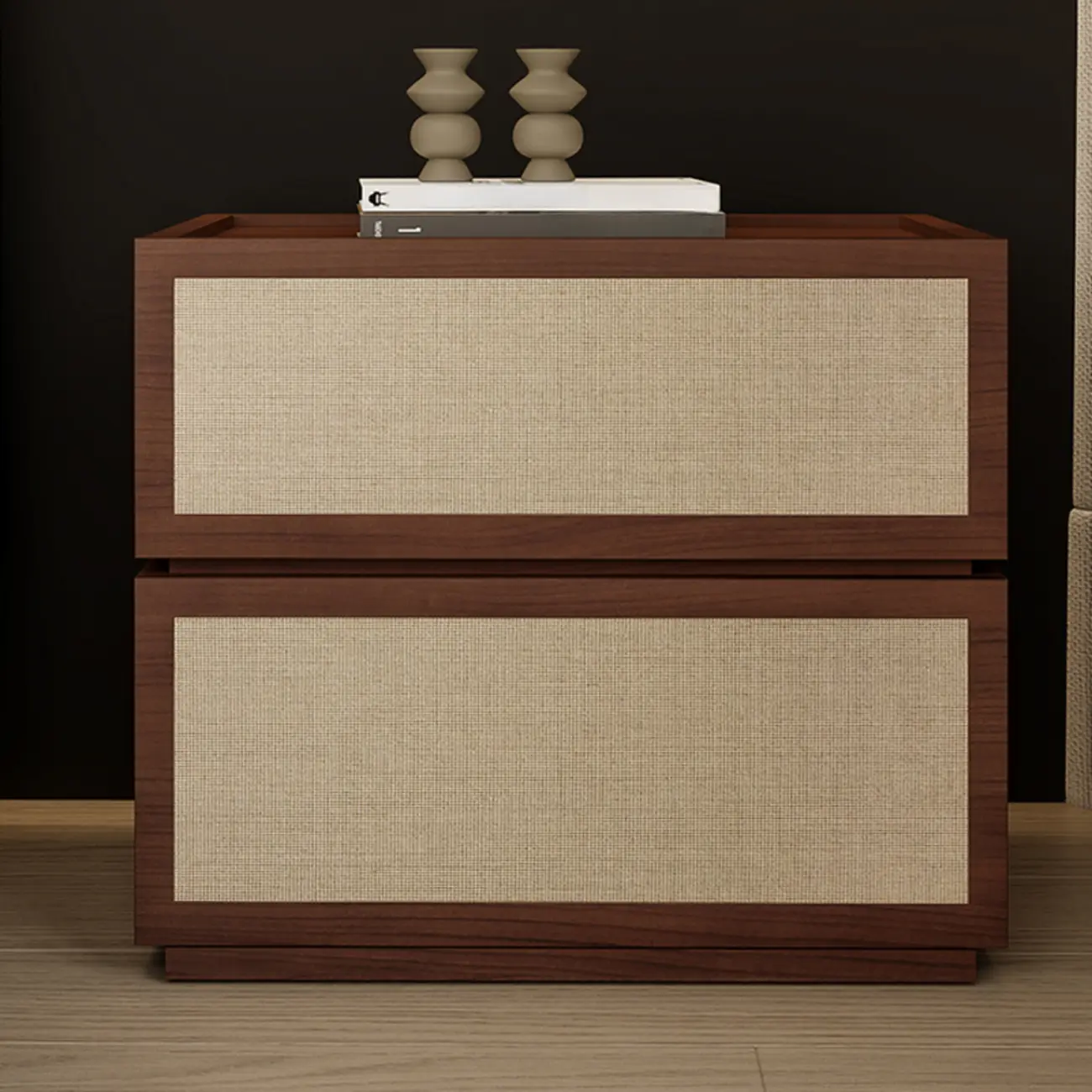 Dark Walnut 2-Drawer Fabric Wood Frame Nightstand Image - 4 | homeyfad