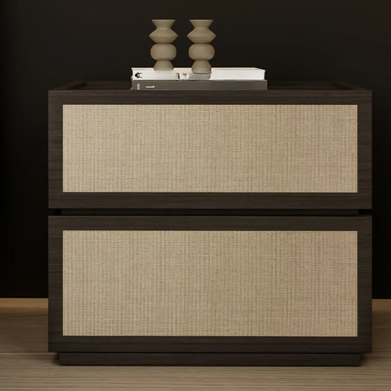 Dark Walnut 2-Drawer Fabric Wood Frame Nightstand Image - 2