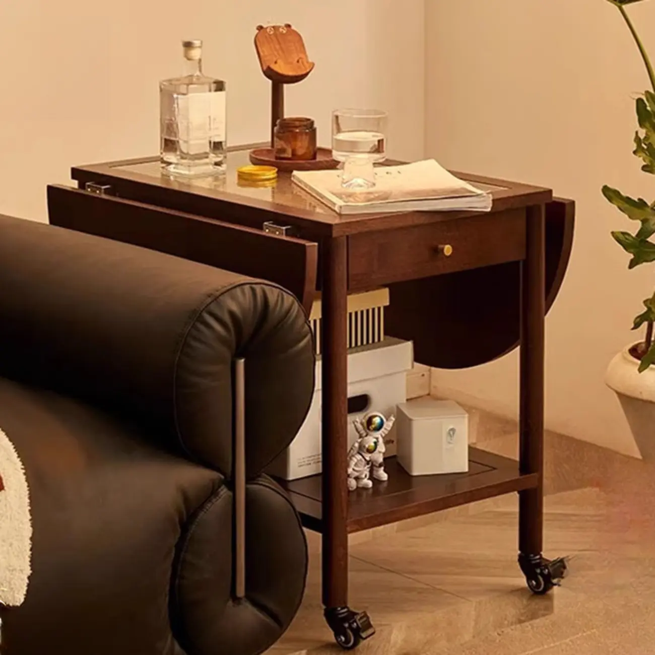 Small Foldable Mobile Wood Glass Oval Side Table with Drawer Image - 2 | homeyfad