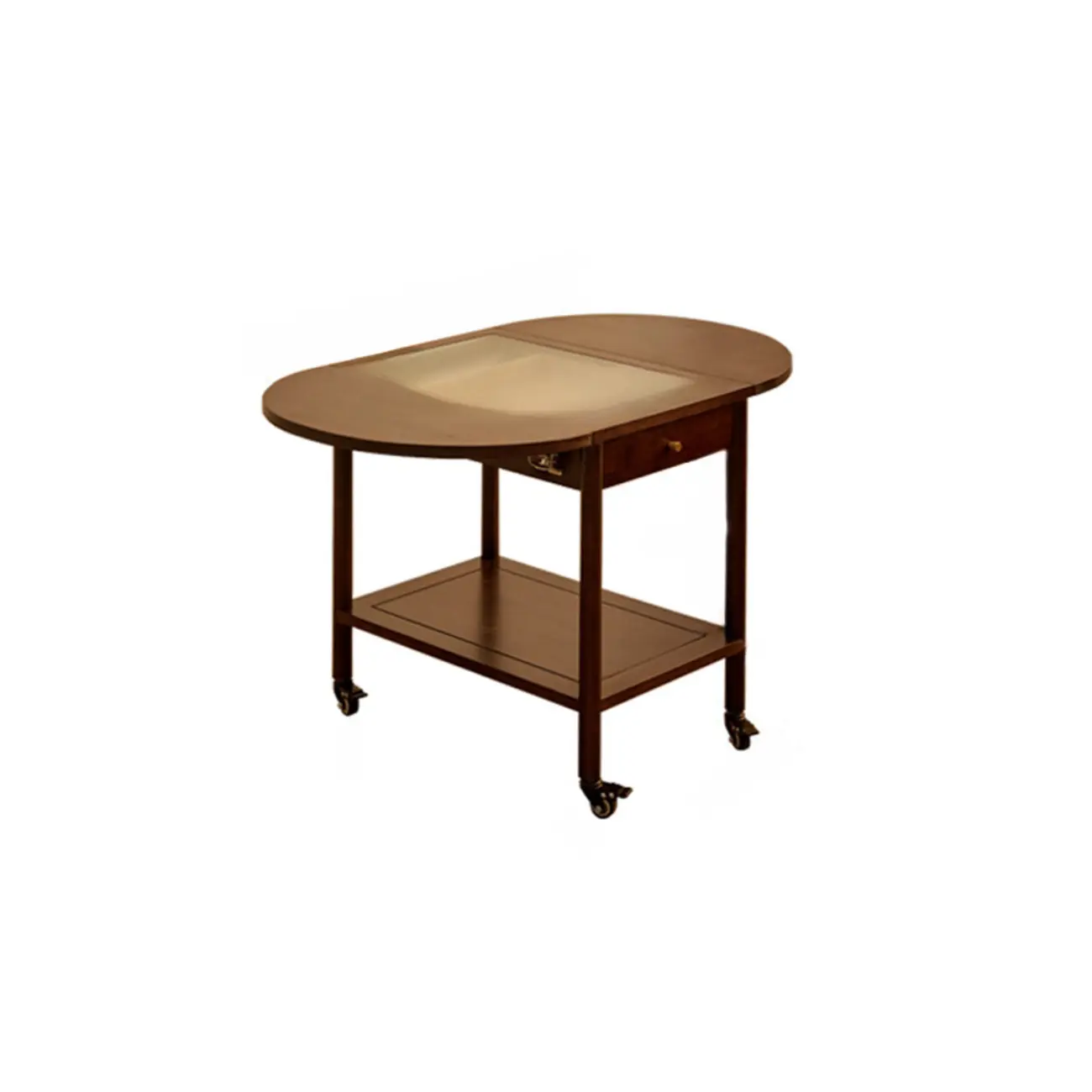 Small Foldable Mobile Wood Glass Oval Side Table with Drawer Image - 3 | homeyfad