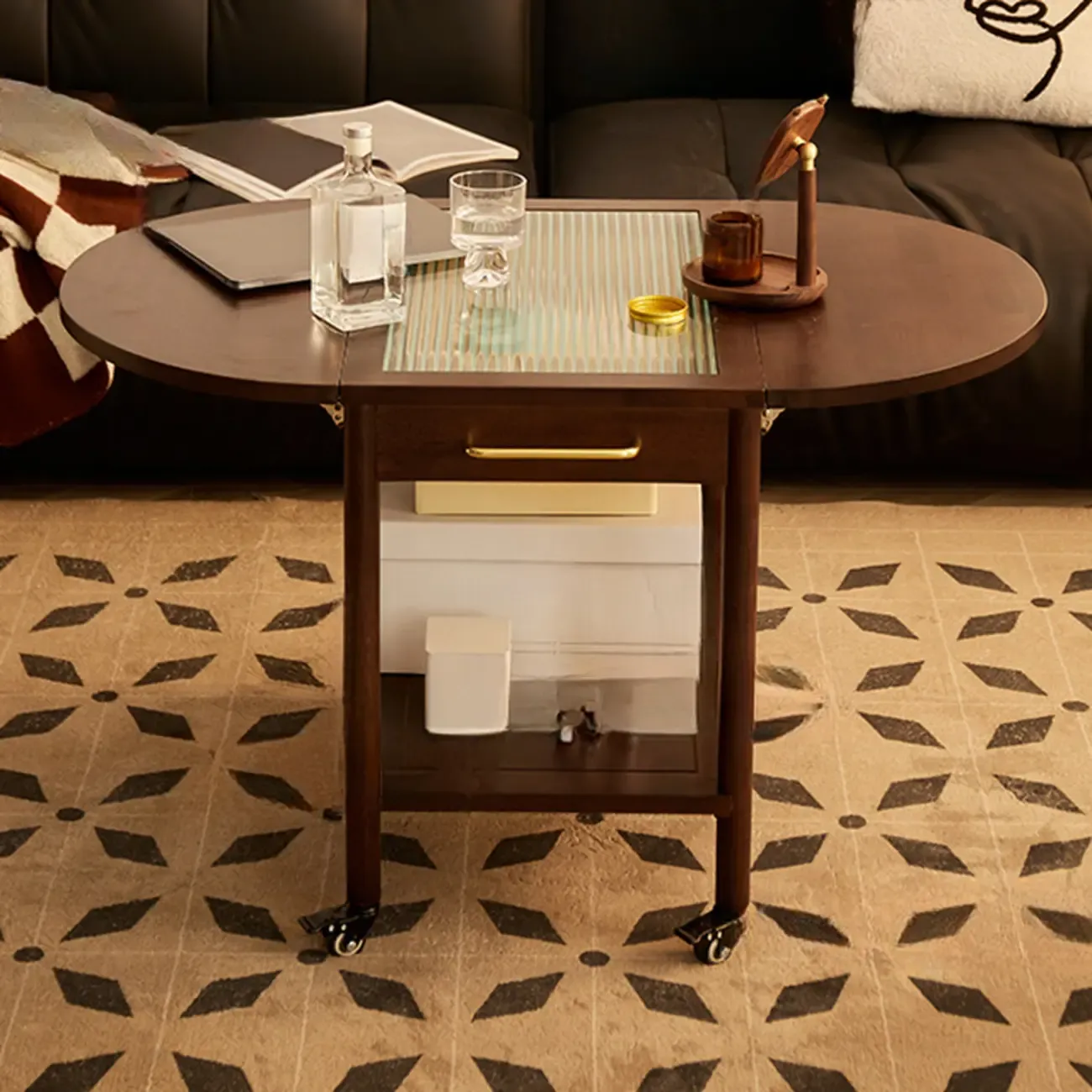 Small Foldable Mobile Wood Glass Oval Side Table with Drawer Image - 1