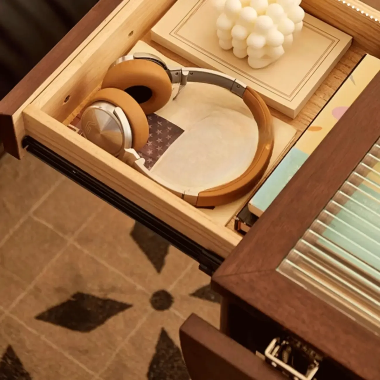 Small Foldable Mobile Wood Glass Oval Side Table with Drawer Image - 6