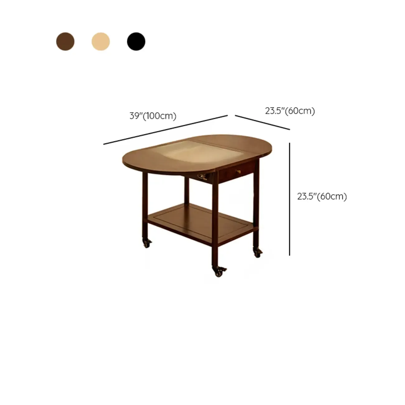 Small Foldable Mobile Wood Glass Oval Side Table with Drawer #size