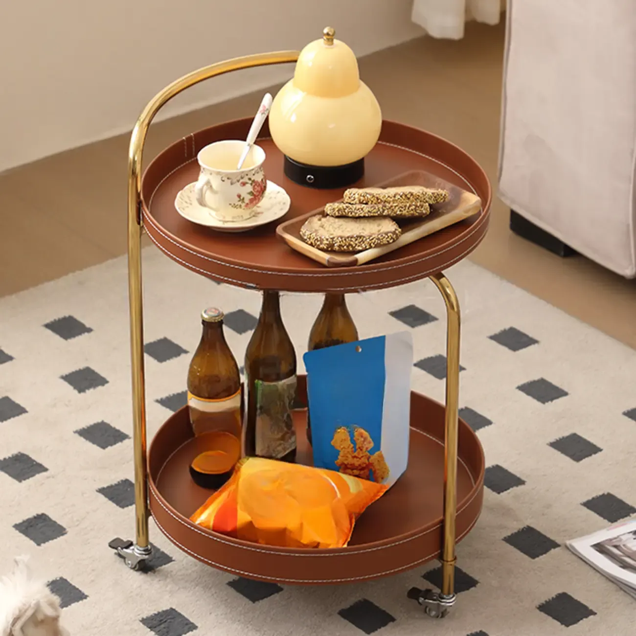 Mobile 2 Layers Brown Leather Metal Round Side Table Image - 1