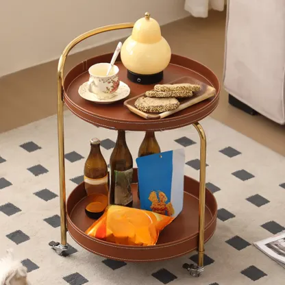 Mobile 2 Layers Brown Leather Metal Round Side Table Image - 1