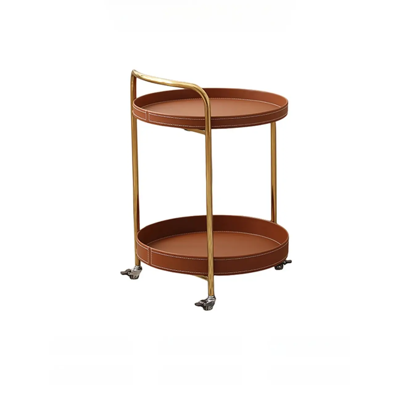 Mobile 2 Layers Brown Leather Metal Round Side Table Image - 5 | homeyfad