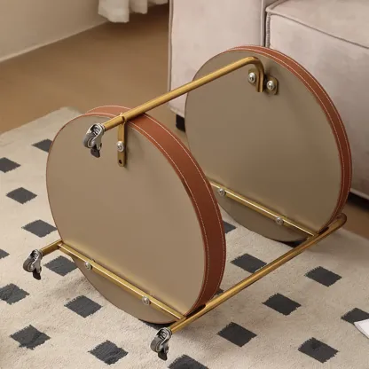 Mobile 2 Layers Brown Leather Metal Round Side Table Image - 6