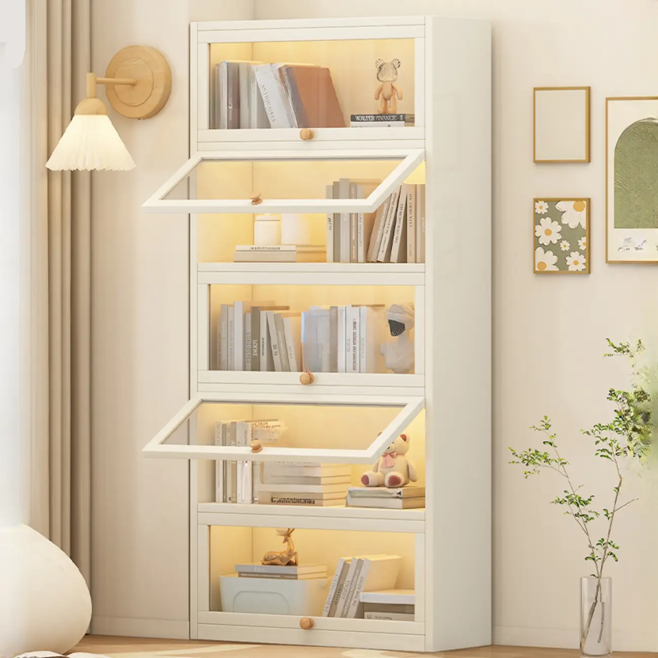 Narrow Modern White Wooden 5-Tier Flip-up Door Bookcase Image - 1 | homeyfad