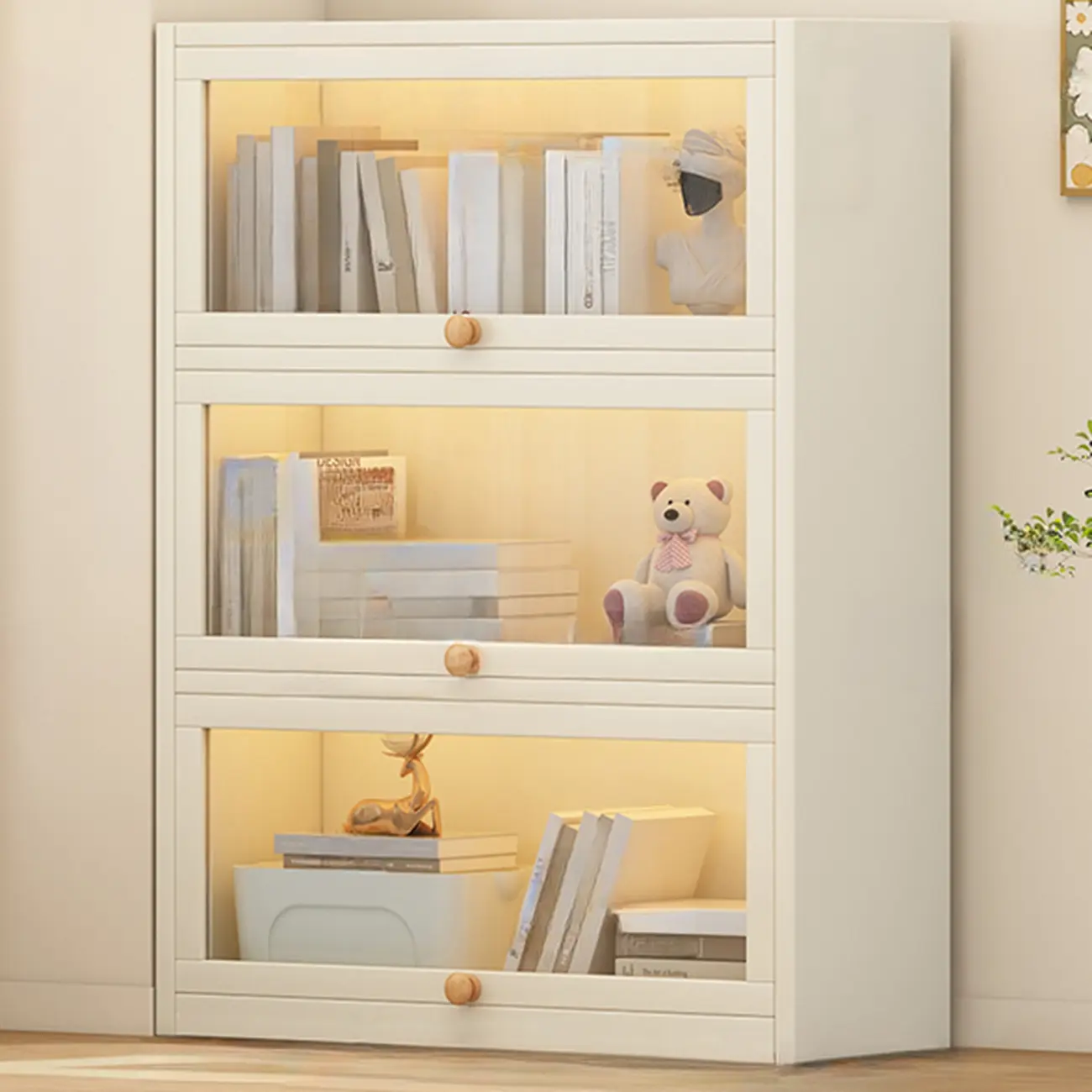 Narrow Modern White Wooden 5-Tier Flip-up Door Bookcase Image - 2 | homeyfad