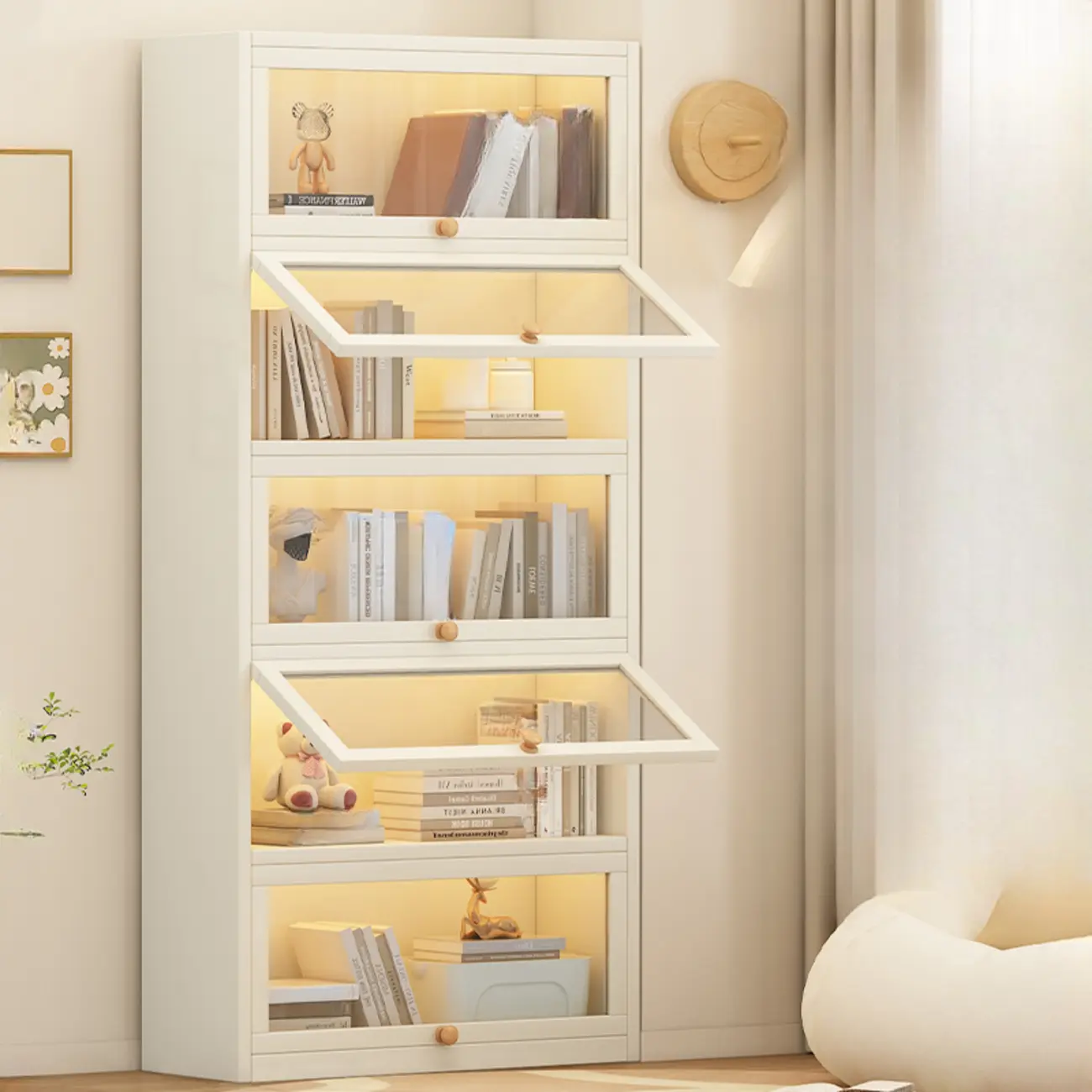 Narrow Modern White Wooden 5-Tier Flip-up Door Bookcase Image - 4 | homeyfad