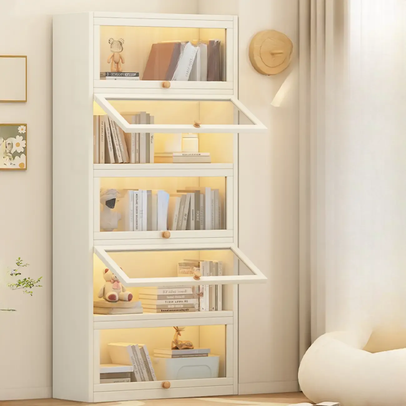 Narrow Modern White Wooden 5-Tier Flip-up Door Bookcase Image - 4