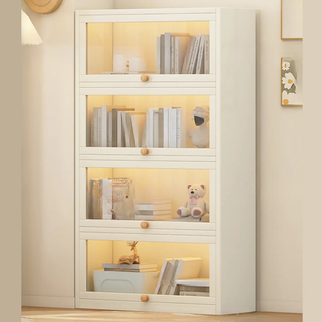 Narrow Modern White Wooden 5-Tier Flip-up Door Bookcase Image - 5 | homeyfad