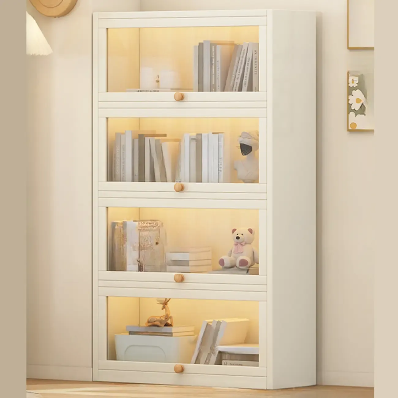 Narrow Modern White Wooden 5-Tier Flip-up Door Bookcase Image - 5