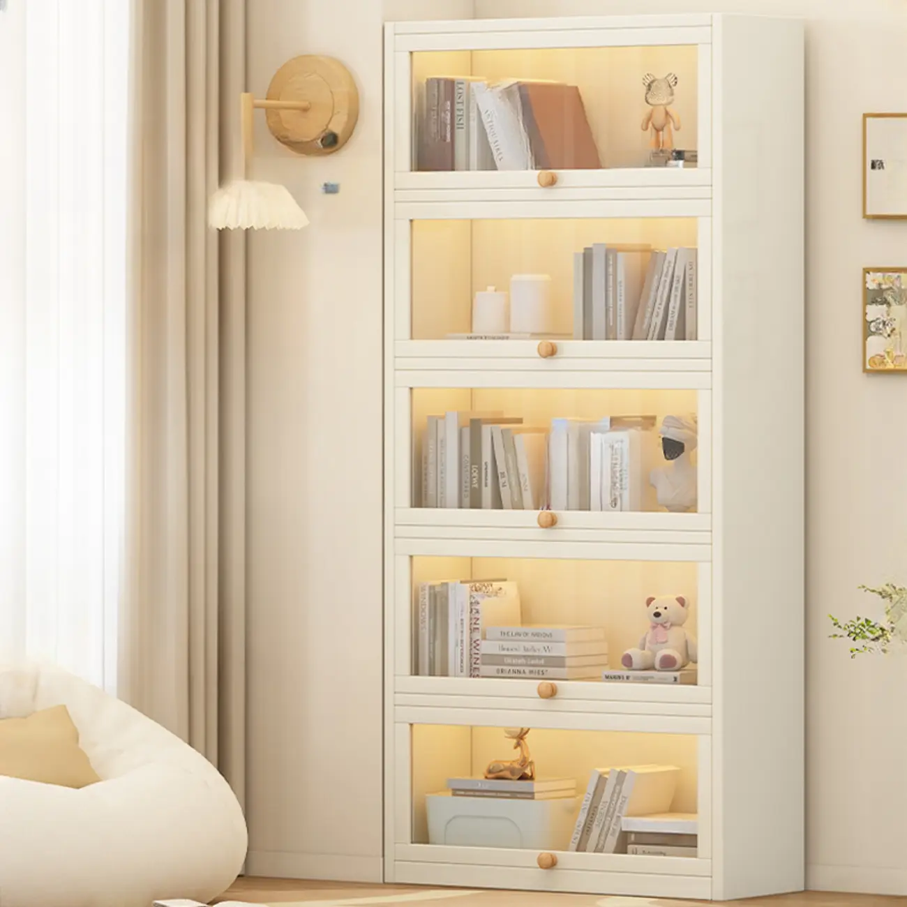 Narrow Modern White Wooden 5-Tier Flip-up Door Bookcase Image - 6 | homeyfad