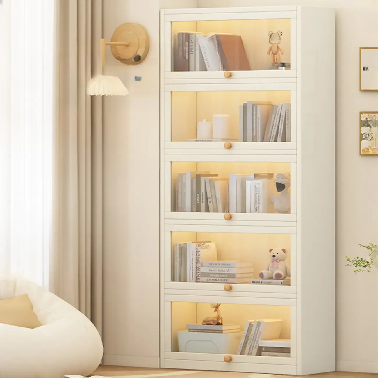 Narrow Modern White Wooden 5-Tier Flip-up Door Bookcase Image - 6
