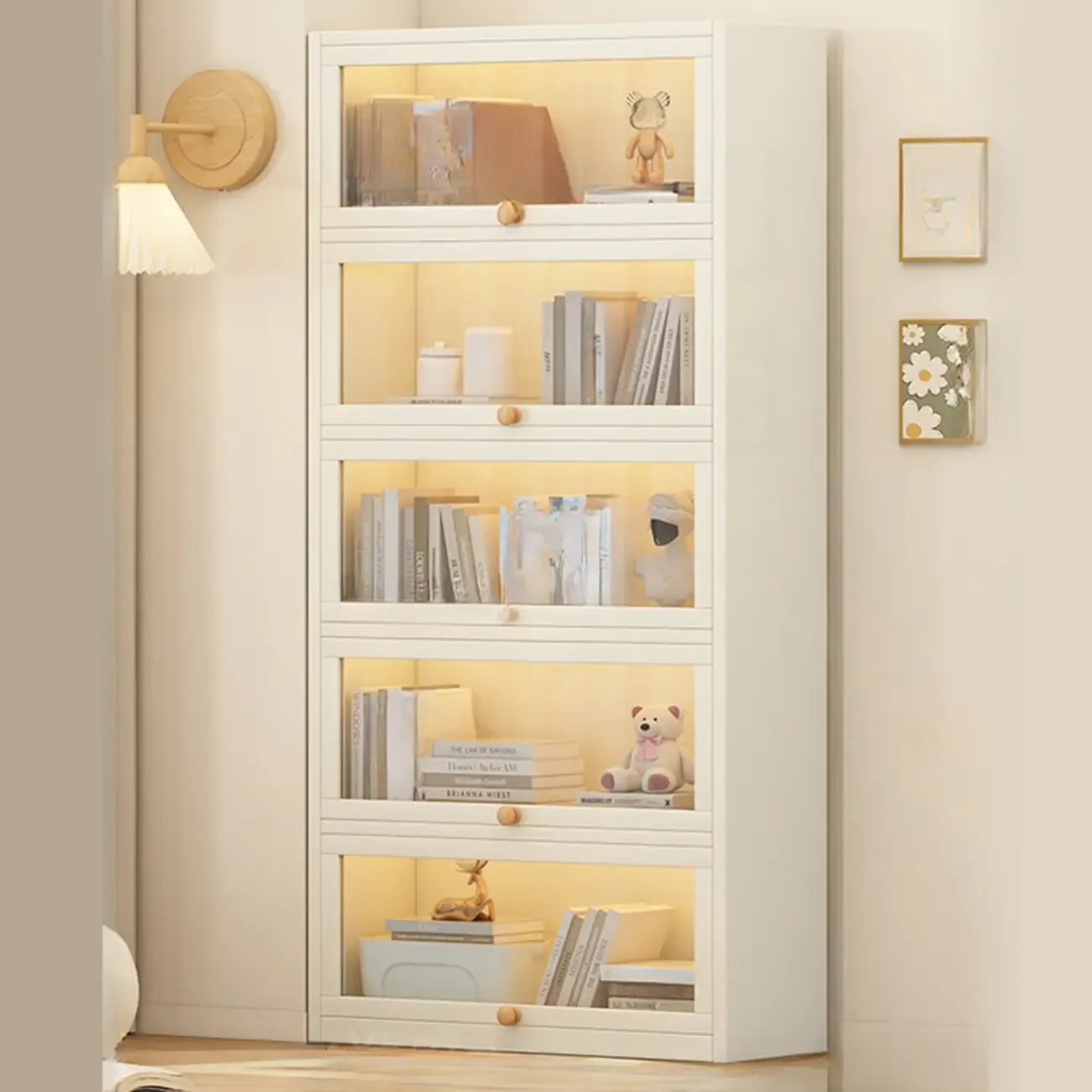 Narrow Modern White Wooden 5-Tier Flip-up Door Bookcase Image - 7