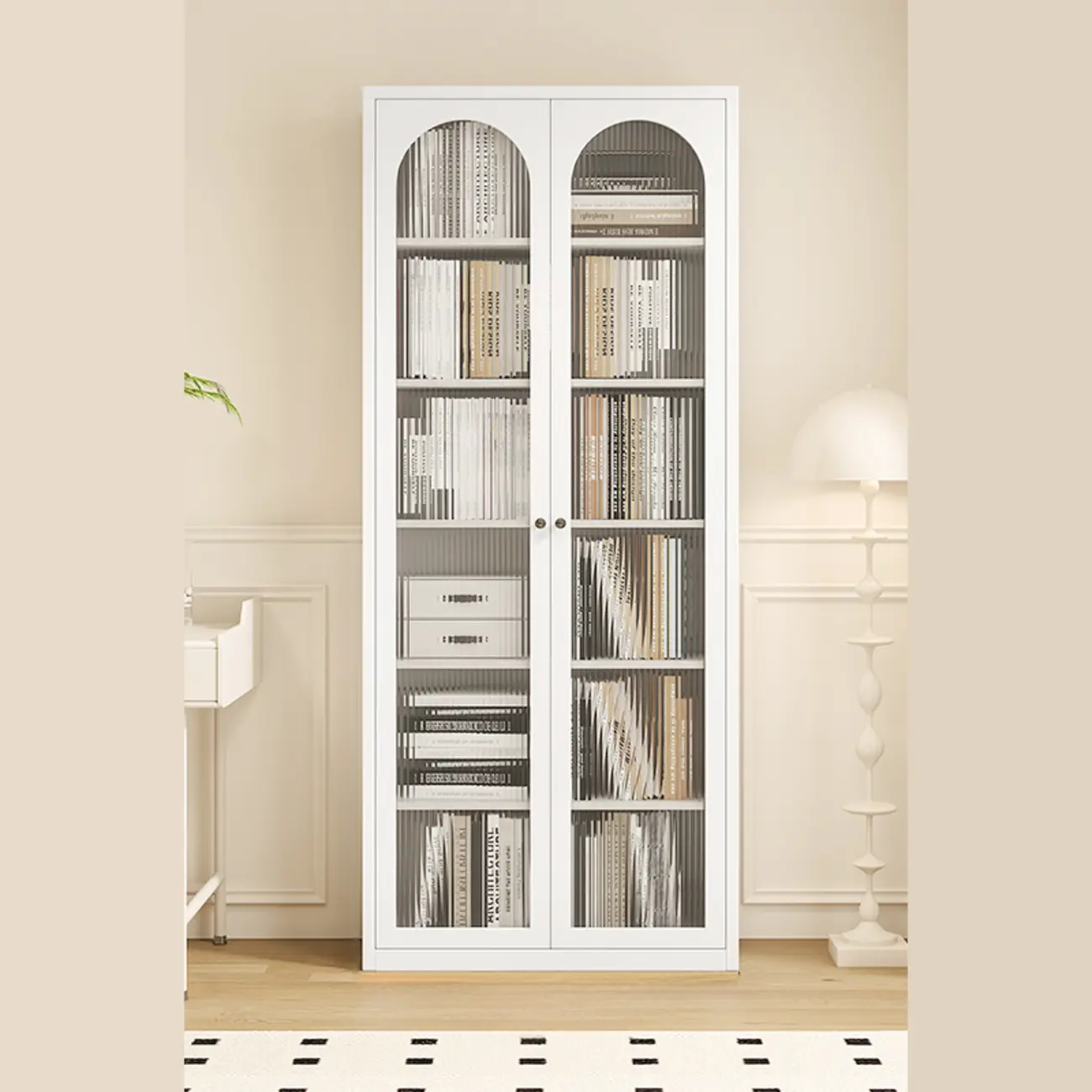 Tall White 6 Shelves Metal Glass Door Bookcase Image - 2 | homeyfad