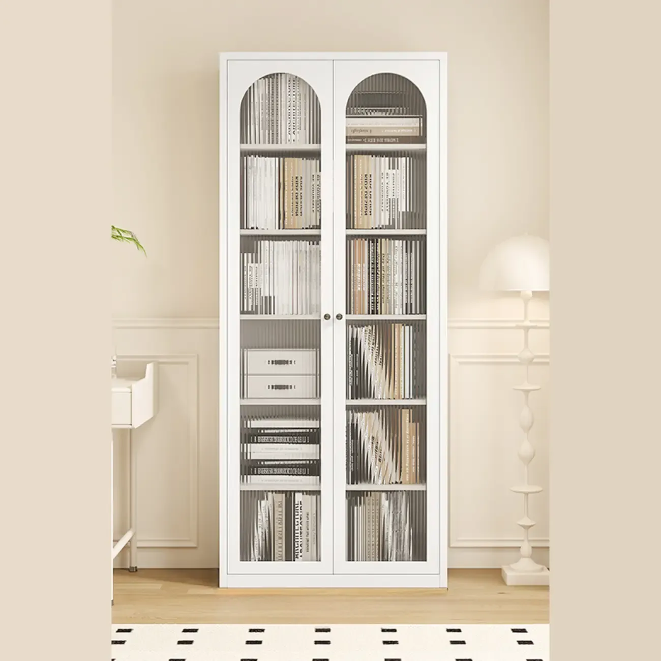 Tall White 6 Shelves Metal Glass Door Bookcase Image - 2